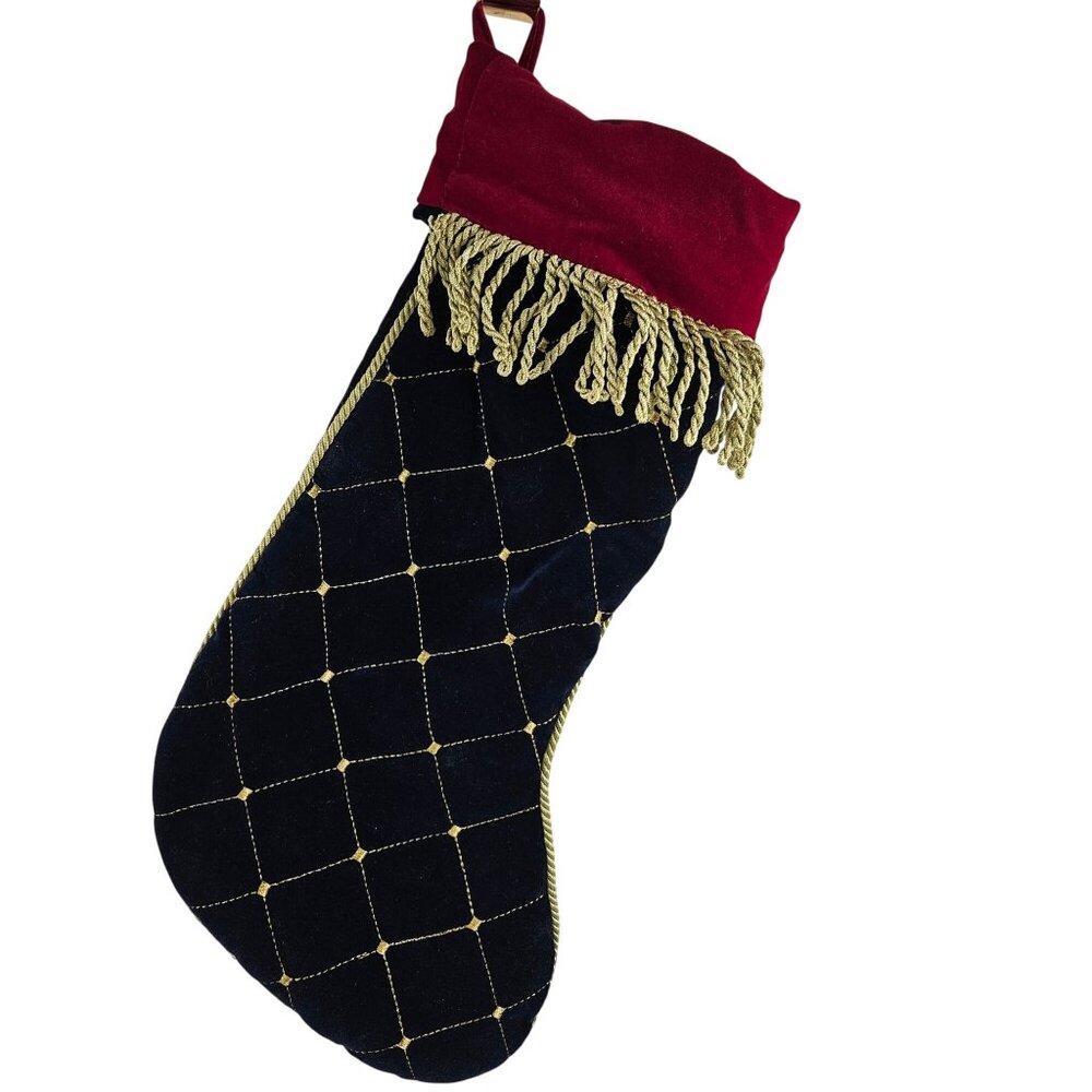 Vintage Velvet Christmas Stocking Navy Blue Gold Lattice Fringe Red Cuff Holiday